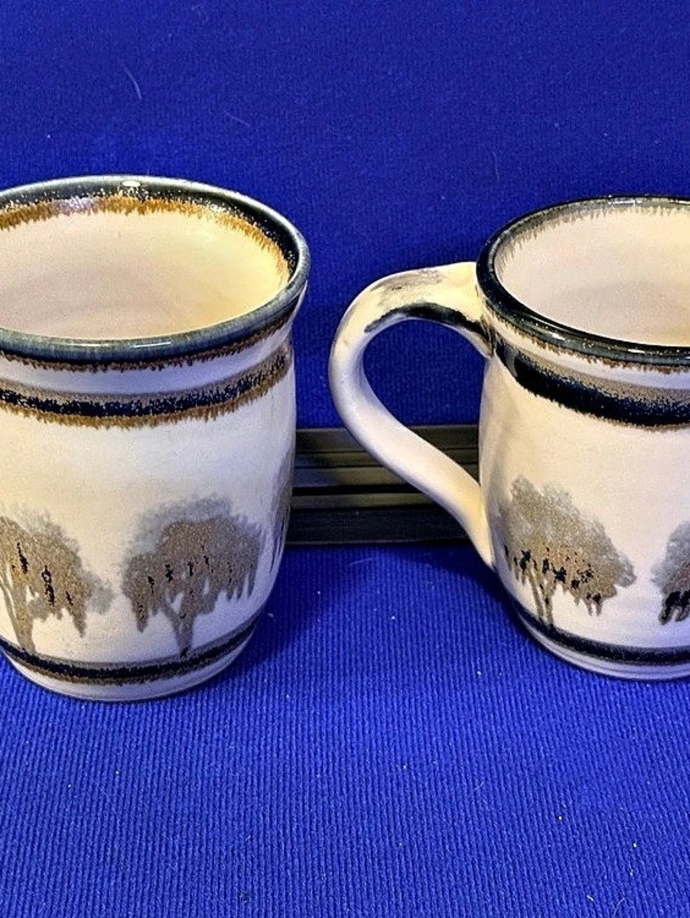 Nancy Bishop Studio Pottery Mug Pair Signed Handmade Landscape Trees - Picture 2 of 10